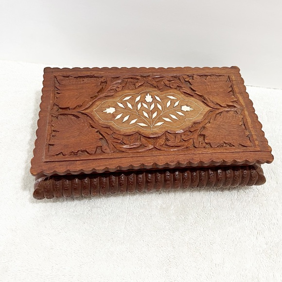 Wood Hand Craved Leaf Print Storage Box Junk Journal Supply Boho Organizer - Picture 3 of 13